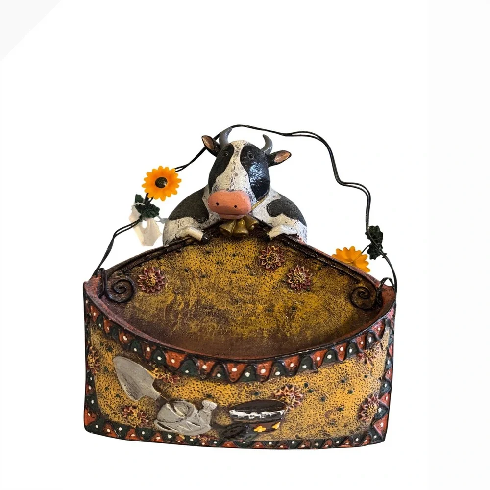 Vintage Mexican Folk Art Ceramic COW Wall Plaque Hand Painted Talavera Style